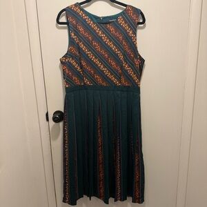 Modcloth Teal and Orange Patterned Pleated Midi Dress